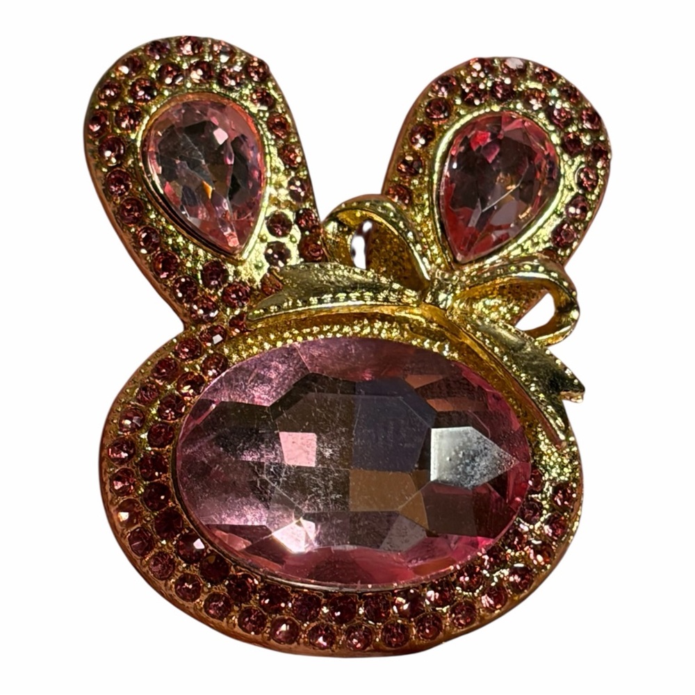 Pink Crystal Bunny Rabbit Brooch Head Gold Tone
